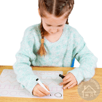 girl tracing shapes on a wipe clean sheet
