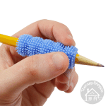 person holding a pencil using a spiky ribbed massager grip
