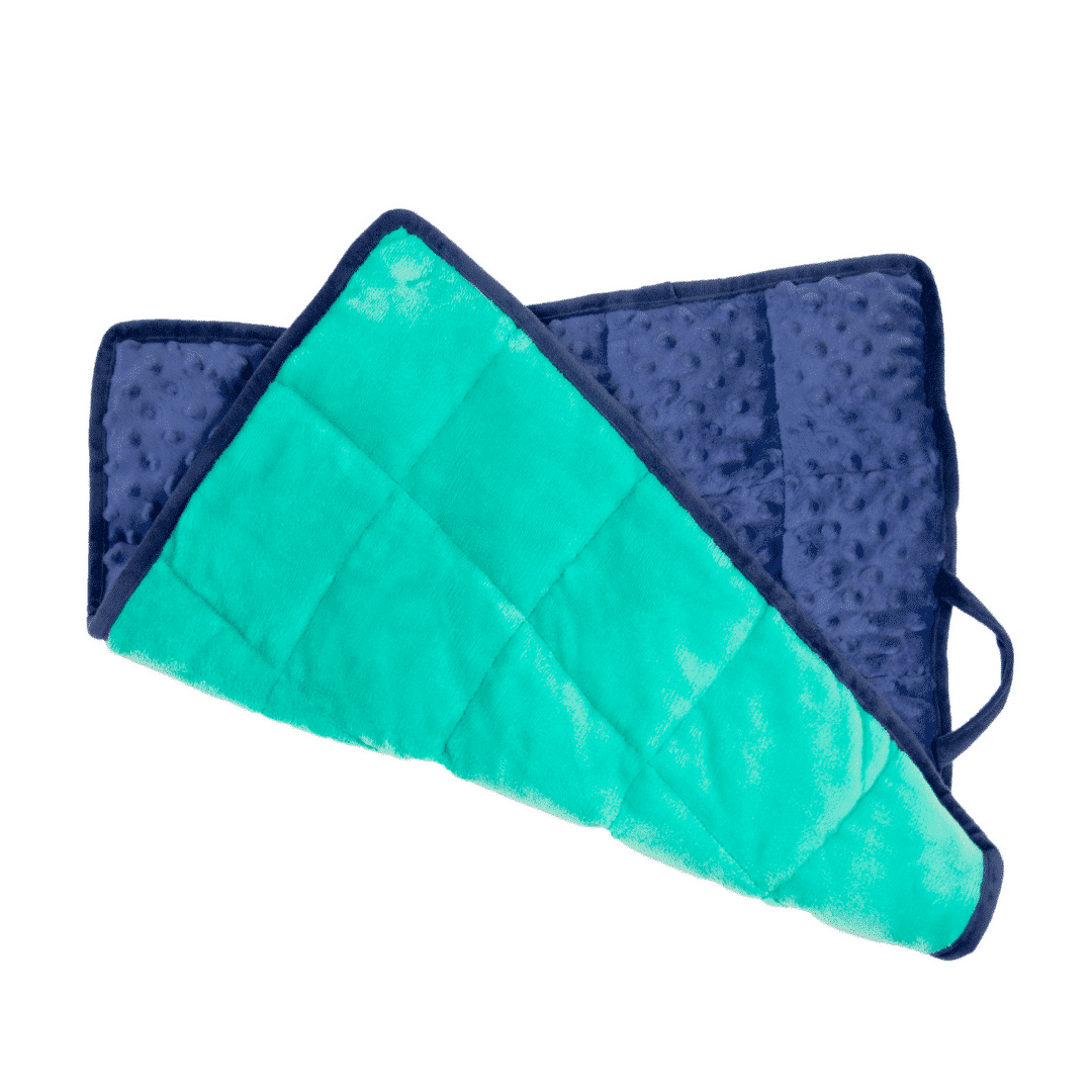 furry weighted lap pad with a handle. blue on one side, green on the other side