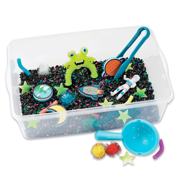 outer space themed sensory bin with fine motor tongs and a scoop
