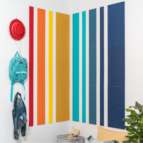 rainbow stripe noise dampening tiles on a wall