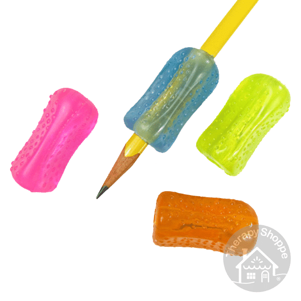 4 colors of bumpy gel pencil grips, the blue one is on a pencil