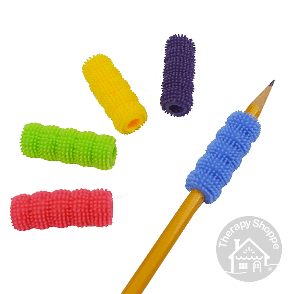 5 colors of spiky ribbed massager grips. the blue one is on a pencil