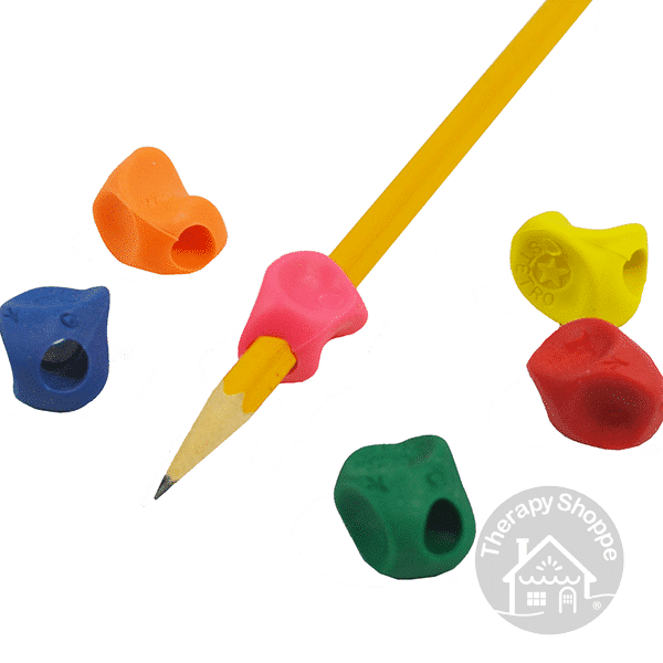 stetro pencil grip, six colors show, one is on a pencil