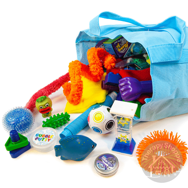 blue tote bag with lots of different fidget toys spilling out of it