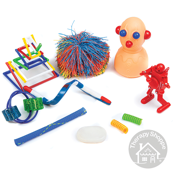 A folding fidget, stretchy strands ball, squeeze toy, wind up robot, bendy rod, finger springs, boinks, spinning fidget, and flat stone