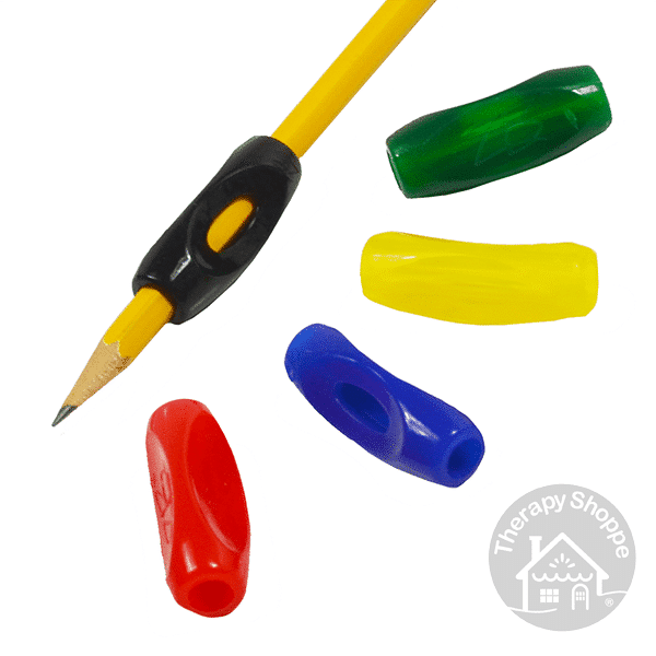 pencil grip with a contoured thumb cutout, 5 colors shown, the black one is on a pencil