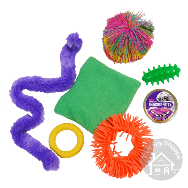 furry bendy wire, ball with stretchy strands, spiky oval ball, squeezy ring, stretchy bracelet, putty, and. a fleece beanbag