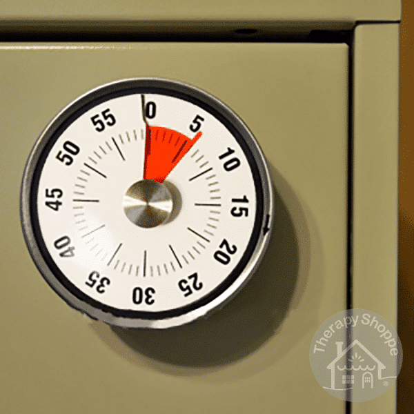 round magnetic visual timer on a filing cabinet