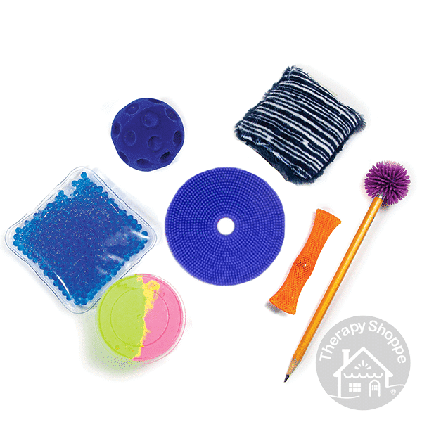 squeeze ball, putty, gel bead square, furry square, tactile circle with silicone spikes, boinks marble, and spiky pencil topper ball