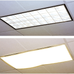 before and after shot of a classroom fluorescent light with and without a filter